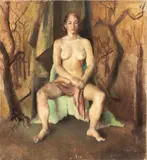 Seated Female Nude in Surrealist Landscape by James Otis Burnley, circa 1940, Oil on Canvas, sold Oct 2025