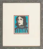 Portrait of Woman in Blue by Jennifer McRae, 1994, Mixed Media on Board, sold Oct 2025
