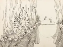 Surrealist Scene by Jonathan Damian Knowles, 1970, Ink on Board, sold Oct 2025