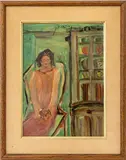 Lady Seated in a Library by Gloria Martino, 1988, Oil on Board, sold Oct 2025
