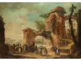 Südliche Landschaft mit Brückenarchitektur und Figuren by Giovanni Michele Granieri, oil on canvas, offered Jun 2019