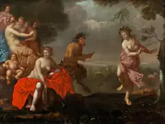 Tanz Einer Nymphe vor Flöte Spielendem pan und Weiteren Nymphenfiguren als Zuschauer by Daniel Vertangen, oil, sold Mar 2019