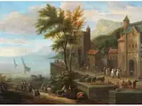Stadt Über Einer Hafenbucht mit Menschenansammlung und Kaufleuten by Adriaen Frans Boudewyns d. Ä., oil on panel, sold Mar 2025