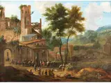 Landschaft mit Volksfest vor Einem Stadttor mit Turm by Adriaen Frans Boudewyns d. Ä., oil on panel, offered Mar 2025