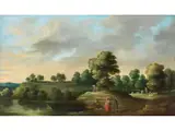 Landschaft mit Flussufer und Staffagefiguren by Lucas van Uden, oil on panel, offered Sep 2023