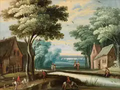 Landschaft mit Figuren und Häusern an Einem Fluss by Abraham Govaerts, oil on copper, sold Mar 2026