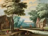 Landschaft mit Figuren und Häusern an Einem Fluss by Abraham Govaerts, oil on copper, sold Mar 2026