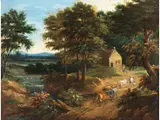 Bewaldete Landschaft mit Hirten und Vieh in der Nähe Eines Flusslaufs by Adriaen Frans Boudewyns d. Ä., oil on panel, sold Sep 2023