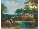 Flusslandschaft mit Reitern by Peeter Gysels, oil on copper, offered Dec 2024