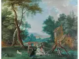 Elegante Gesellschaft in Flusslandschaft Rastend by Peeter Gysels, oil on copper, sold Dec 2024