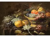 Stillleben mit Einem Traubenkorb, Äpfeln, Quitten und Weinlaub by Roelof Koets d. J., oil on panel, offered Dec 2024