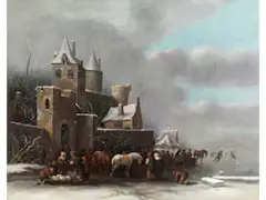 Winterlandschaft mit Altem Gebäude und Figuren an Gefrorenem Ufer by Klaes Molenaer, oil on canvas, offered Mar 2025