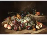Stillleben mit Früchten, Maiskoblen und Gefülltem Römerglas by Alexander Coosemans, oil on canvas, sold Dec 2024