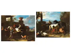 Landschaft mit Ziegen und Pferden an Einem Brunnen Sowie Beim Hufschmied by Pieter van Bloemen, oil on canvas, offered Jun 2025