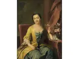 Junge Adelige Dame in Einem Fauteuil Neben Säule und Velum by Hofportraitist des 18. Jahrhunderts, oil on canvas, offered Sep 2020