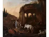 Arkadische Landschaft mit Schlossruine by Johann Heinrich Roos, oil on canvas, sold Mar 2026
