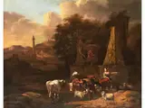 Arkadische Landschaft mit Hirtenidylle Unter Antiken Monumenten by Michiel Carree, oil on canvas, sold Dec 2023