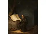 Büssender Mönch mit Aufgeschlagener Bibel in Einer Höhle by Jacob van Spreeuwen, oil on copper, offered Jun 2021