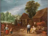 Bäuerliches Gehöft mit Figuren und Tieren by Théobald Michau, oil on panel, offered Mar 2024
