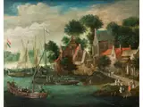 Kleines Hafenstädtchen mit in der Bucht Anliegenden Schiffen und Figurenstaffage by Jan van den Hecke d. J., oil on copper, sold Apr 2020