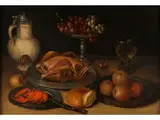 Stillleben mit Gebratenem Geflügel, Hummer, Krug und Trauben by Clara Peeters, um 1585 – um 1655, oil on canvas, sold Dec 2018