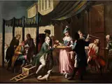 Neapolitanische Strassenszene mit Einem Galanten Jungen Herrn und Einer Losverkäuferin by Pietro Fabris, oil on canvas, offered Mar 2015