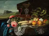 Stillleben mit Früchten, Bisquit und Venezianischen Gläsern by Maximilian Pfeiler, oil on canvas, offered Jun 2019
