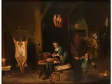 Interieur Einer Metzgerei mit Junger Frau bei der Wurstvorbereitung by David Teniers d.J., oil on canvas, offered Dec 2018