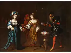 Ein Maskenscherz by Caspar Netscher, oil on canvas, offered Dec 2025