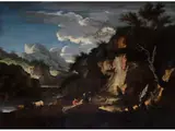 Hügelige Landschaft mit Reisenden by Bartolommeo Torregiani, oil on canvas, sold Jun 2025