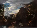 Felsige Landschaft mit Figurenstaffage an Flusslauf by Bartolommeo Torregiani, oil on canvas, sold Jun 2025