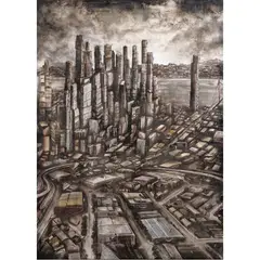 Untitled (Suitcase City) by Fabio Giampietro, 2014, oil on canvas, sold Jul 2024
