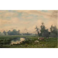 Cattle Watering by a Stream by Harvey O. Young, oil on board, sold Jul 2024