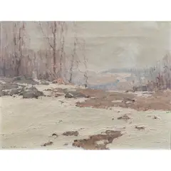 Winter Scene (Study for "Snow Patches)," circa 1910-1915 by John Fulton Folinsbee, oil on canvas, sold Jul 2024