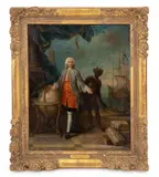 Merchant Standing by a Globe before a Harbour by Paul Villebois, 1748, Oil on Canvas, sold Oct 2025