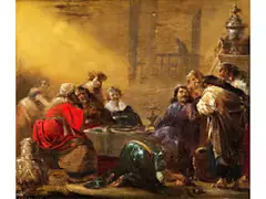 Magdalena Wäscht Jesus die Füsse im Haus des Simons by Leonard Bramer, oil on copper, sold Mar 2025