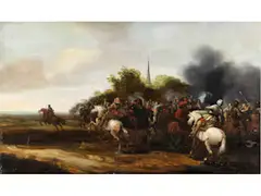 Reitergefecht vor Einem Dorf by Pieter Meulener, oil on panel, offered Sep 2024