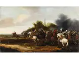 Reitergefecht vor Einem Dorf by Pieter Meulener, oil on panel, offered Sep 2024