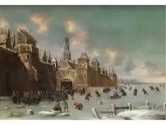 Winteransicht mit Schlittschuhläufern by Thomas Heeremans, oil on canvas, sold Mar 2025