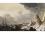 Schiffe auf Rauer see vor Einer Felsigen Küste by Pieter Mulier d. Ä., oil on panel, sold Mar 2025