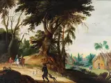Reisende am Dorfrand by Sebastian Vrancx, oil on panel, offered Jun 2024