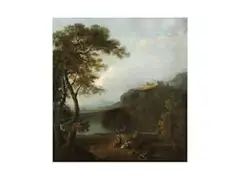 Gebirgige Landschaft mit Fluss und Figuren by John Wootton, oil on canvas, offered Dec 2024