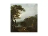 Gebirgige Landschaft mit Fluss und Figuren by John Wootton, oil on canvas, offered Dec 2024