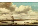 Holländische Weite Flusslandschaft mit Windmühlen, Wohl mit Ansicht von Deventer by Salomon van Ruysdael, oil on panel, sold Mar 2024