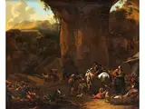 Reisende mit Ihren Familien und Tieren auf dem weg Durch Eine Felsige Schlucht by Nicolaes Pieterszoon Berchem, oil on canvas, offered Sep 2023