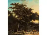 Waldlandschaft mit Figuren an Einem weg im Warmen Licht der Untergehenden Sonne by Adriaen Hendriksz. Verboom, oil on canvas, sold Sep 2020