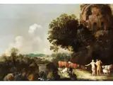 Weite Flusslandschaft mit Hirten und Ruine by Moyses van Uyttenbroeck, oil on panel, offered Jun 2023