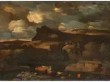 Wolkige Landschaft mit Rindern und Schafen by Pieter Mulier d. J., oil on canvas, offered Jun 2022