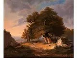 Romantische Mittelgebirgslandschaft mit Eichengruppe im Abendlicht by Joseph Hülser, oil on canvas, offered Jul 2015