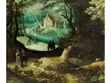 Bewaldete Landschaft mit Figuren an Einem Gewässer by Frederick van Valckenborch, oil on canvas, sold Sep 2025